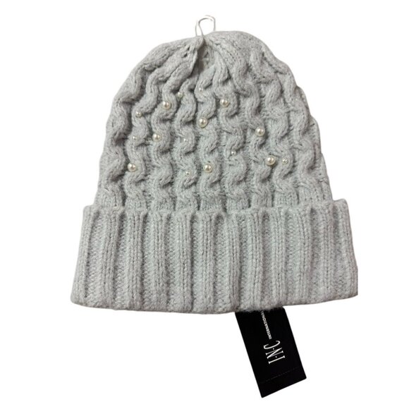 INC International Concepts‎ Grey Knit Beanie Faux Pearl Embelishments - Picture 1 of 1